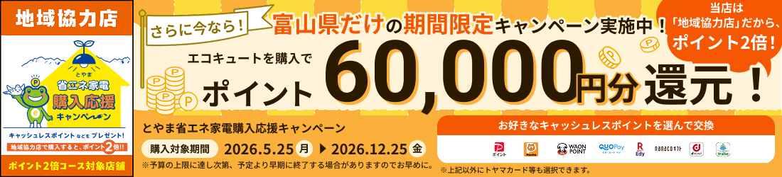 とやま省エネ家電購入応援キャンペーン適用でポイント最大60,000円分還元！